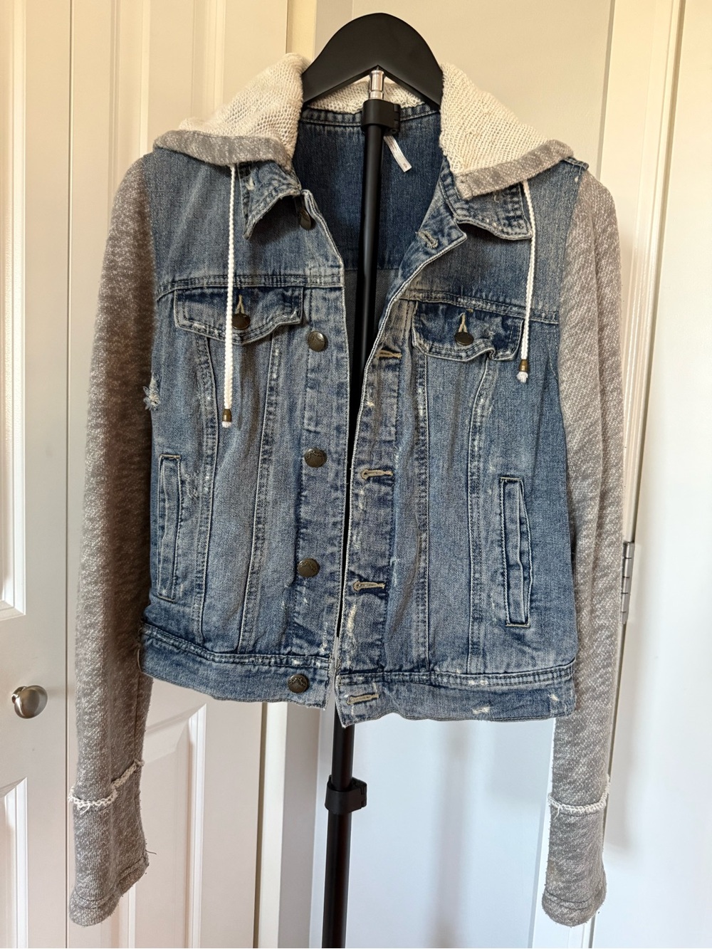 Free People Blue Denim Jacket with Gray Knit Sleeves and Hood